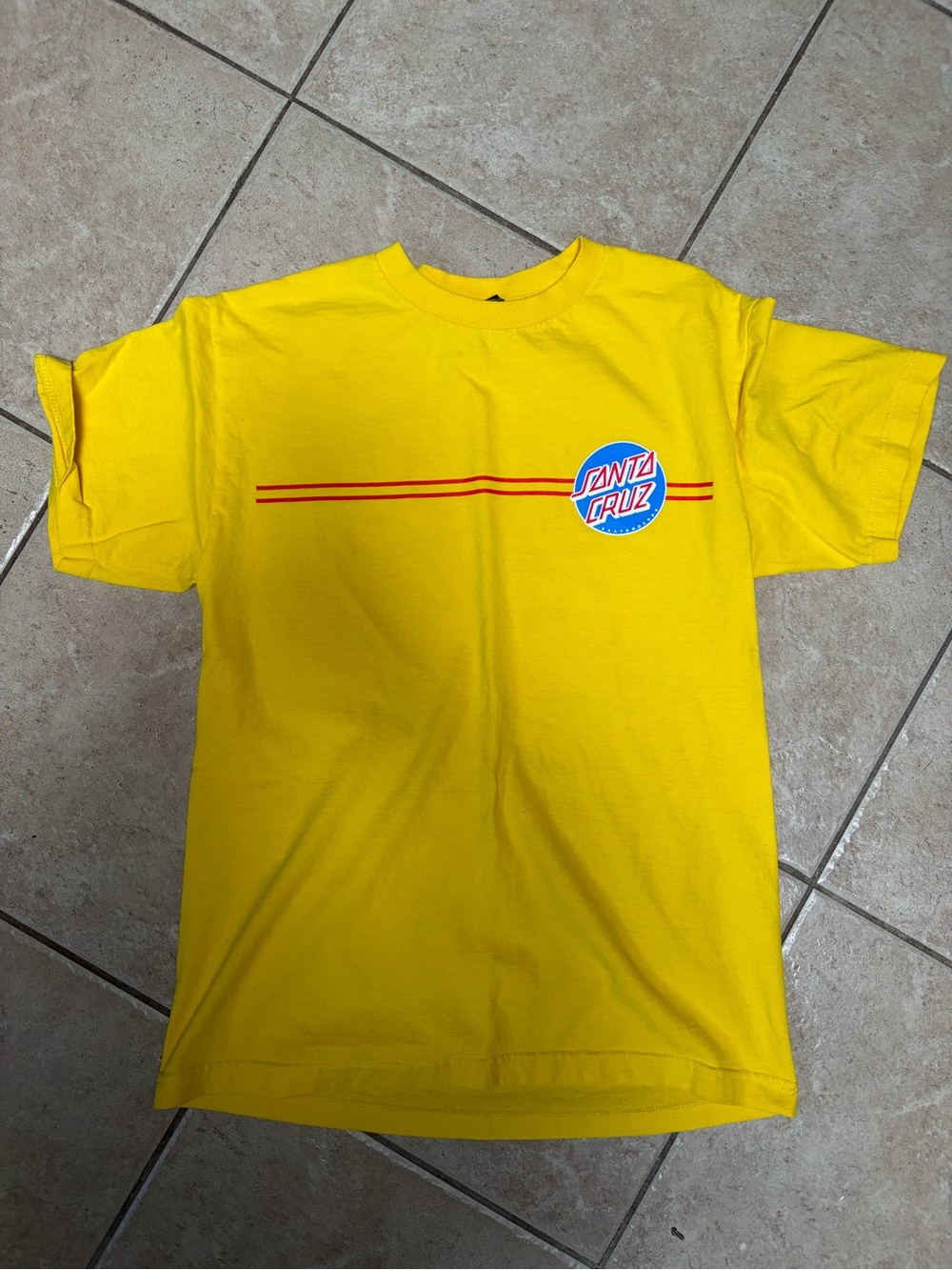 Santa Cruz Skateboards Yellow Tee with Red Stripe and Blue Logo